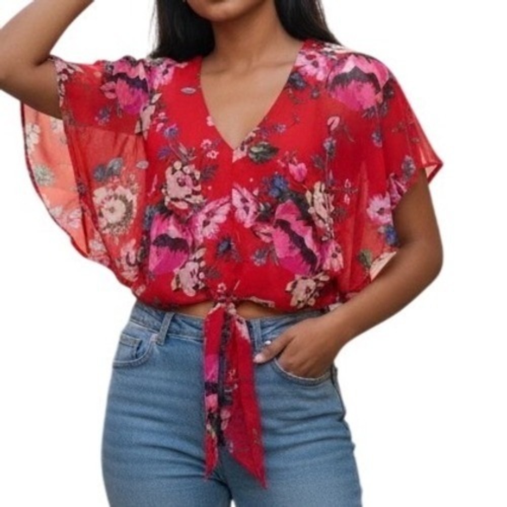 EXPRESS  Red Floral Butterfly Sleeve‎ Tie Front Crop Top NWOT Size Small